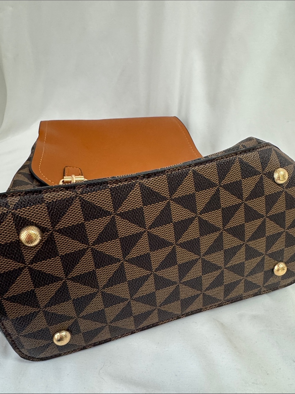 ATRIE vegan leather geometric fashion backpack, brown & Cognac, Front Flap NWT - Picture 8 of 10